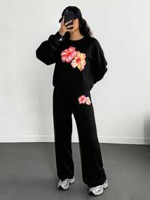 Sparklyn 2pcs/Set Teen Girls Casual Loose Floral Print Cropped Loose Sweatshirt + Elastic Waist Wide Leg Pants Set, Versatile Apricot Fall Winter