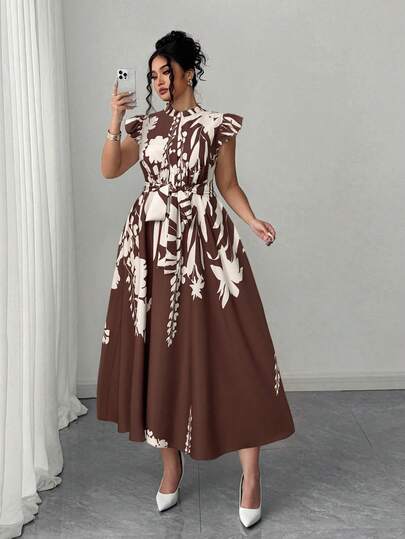 Elenzga Plus Size Elegant Floral Print Maxi Dress With Ruffle Trim, Flattering Fit For Vacation, Beach Party, Casual Gathering, Suitable For Spring/Summer