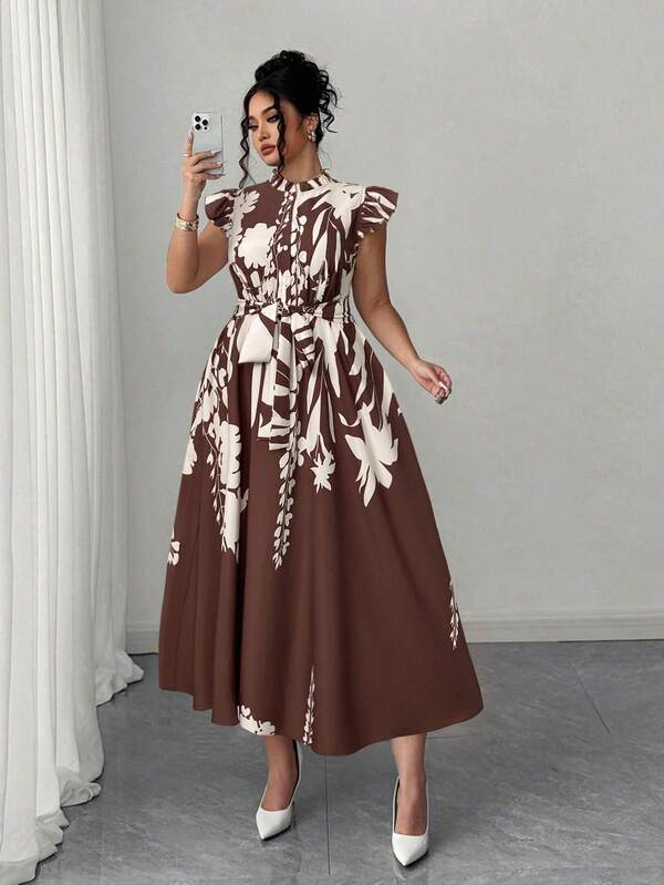 Elenzga Plus Size Elegant Floral Print Maxi Dress With Ruffle Trim, Flattering Fit For Vacation, Beach Party, Casual Gathering, Suitable For Spring/Summer