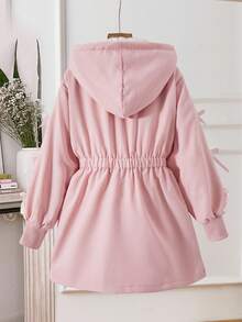 SHEIN Girls' Casual Hooded Thick Fleece Jacket, With Pink Bow Ribbon On Sleeve, Pink Zipper On Collar And Cuffs, Elastic Waist, Suitable For Autumn/Winter Outings, Travel, Walking, Shopping, Can Be Paired With Long Sleeve Sweater And Pants Fall - Pink - View 2