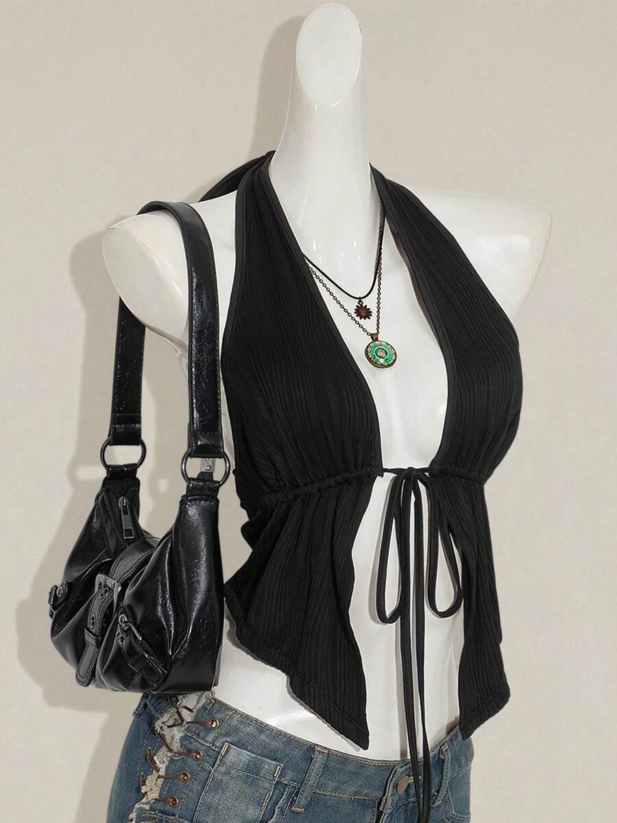 SHEIN ICON Y2K 休闲哥特风黑色性感纯色露背系带无袖上衣 - 黑色 - 查看 1