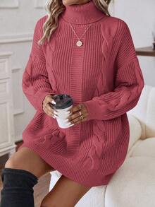 EMERY ROSE Women's Casual Knitted Dress With High Neck, Drop Shoulder, Long Sleeve, Cable Pattern, Suitable For Autumn/Winter - Rose Red - View 6