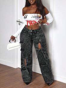 Slaydiva Große Größen Damen Loose Fit Denimhose mit weitem Bein und Schmetterlingsdekor, Cut-Out - Grau - Übersicht 6