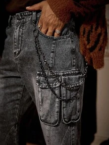 Manfinity Homme Calça Jeans Masculina Reta com Bolsos Cargo e Boca de Sino - Cinza - Visão 3