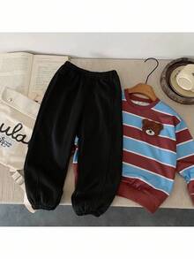 SHEIN 2pcs/Set Boys' Striped Sweatshirt Outfit, Cute Cartoon Design, Suitable For Outdoor Sports And Casual Wear, Autumn/Winter - Multicolor - View 2