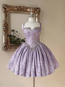 Lovelzi Váy dạ hội trang trọng chữ A ngắn không tay bằng vải satin jacquard màu tím sang trọng và thanh lịch dành cho nữ - Màu tím - Xem 3