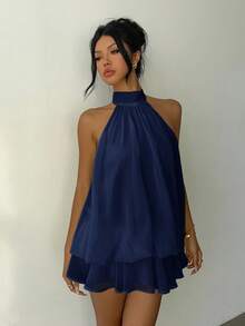 Aloruh 女士优雅浅黄色挂脖系带迷你连衣裙 - 藏蓝色 - 查看 7