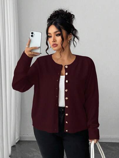 Elenzga Plus Size Casual Solid Color Gold Button Long Sleeve Cardigan