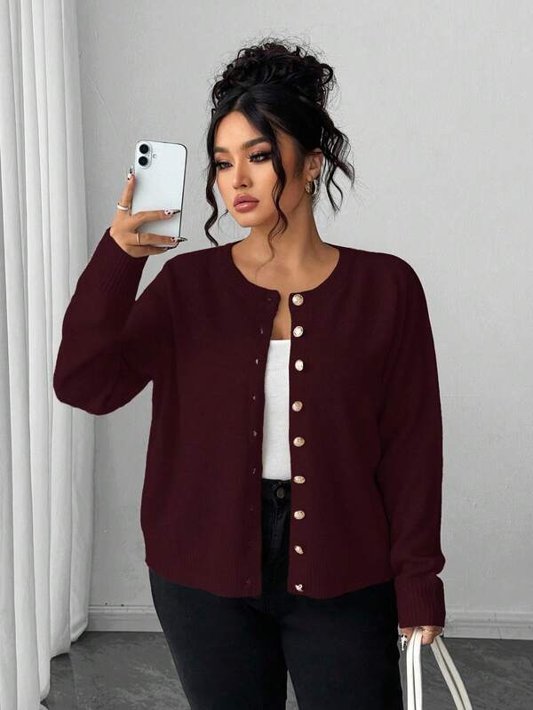 Elenzga Plus Size Casual Solid Color Gold Button Long Sleeve Cardigan