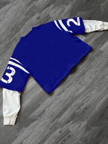 Manfinity Campus Court Áo nỉ cổ tròn tay dài họa tiết chữ và số Colorblock thường ngày cho nam, mùa thu - Xanh đậm - Xem 2