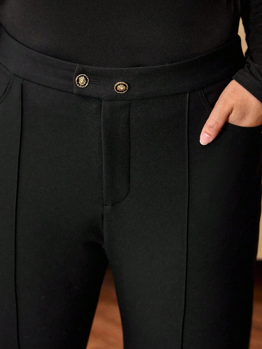 MOTF PREMIUM PLUS SIZE METAL BUTTON DECOR HIGH STRETCH SKINNY PANTS - Black - View 2