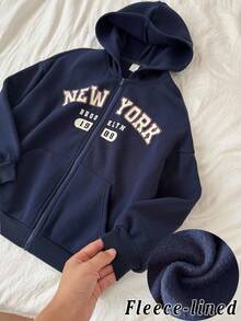 SHEIN Serisse Kids 少女休闲日常校服字母印花拉链卫衣，带口袋，保暖内衬，适合返校季秋冬季穿着 - 寶藍色 - 查看 4