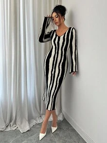 Elenzga Black & White Striped V-Neck Fitted Elegant Sweater Dress, Autumn/Winter - Black - View 3