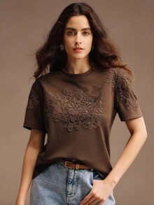 Anewsta Women's Elegant Modern Loose Round Neck T-Shirt Top With Embroidered Applique Design, Summer - Brown - View 5