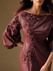 Anewsta 新款露肩刺绣仿皮长裙，适合秋季、秋季、冬季、外出、优雅、正式、派对、别致、新年、圣诞节、工作、毕业、婚礼、圣诞节、勃艮第酒红色 - 酒紅色 - 查看 1