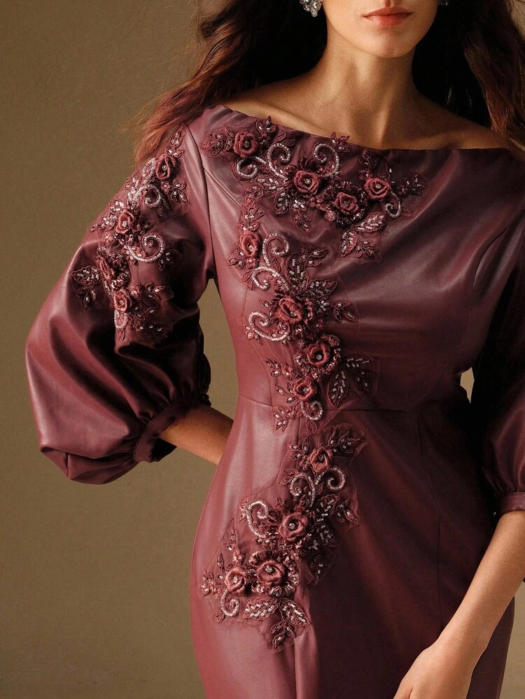New Shoulder-Exposing Embroidered Faux Leather Long Dress, Suitable For Autumn, Fall, Winter, Going Out, Elegant, Formal, Party, Chic, New Year, Christmas, Work, Graduation, Wedding, Christmas, Burgundy