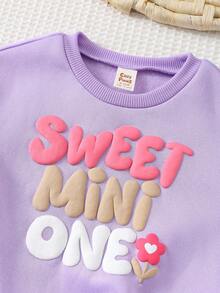 Cozy Pixies Baby Girl 3D Letter Pattern Round Neck Drop Shoulder Sweatshirt, Versatile & Comfortable Fall Winter - Purple - View 4