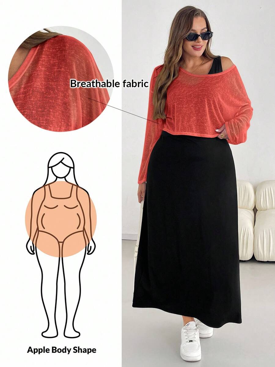 SHEIN Essnce Plus Size Women's Spring And Summer Fashion Casual Loose Comfortable Daily Breathable Light Sun Protection White Long-Sleeved Blouse And Black Vest Long Dress Two Pieces Set,Y2k Clothes,Street Wear,Matching Sets Women,Vacation Outfits Women,European Summer,Airport Outfits