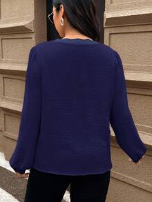 SHEIN Frenchy 秋季大码撞色饰边休闲宽松纹理面料长袖衬衫 - 藏蓝色 - 查看 3