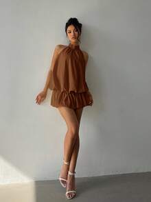 Aloruh Women's Casual Vacation Style Solid Color Backless Tie Knot Ruffle Hem Mini Dress, Summer - Coffee Brown - View 5