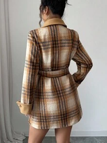 Elenzga Women's Elegant Romantic Commuter Khaki Plaid Asymmetrical Oblique Collar Double-Breasted Metal Button Decor Double Pocket 2 In 1 Splicing Lapel Cuff Bowknot Design Slim Fit Long Overcoat, Winter - Multicolor - View 2