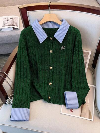 GlowEve CURVE Plus Size Sweater Shirt Collar Turnup Cuff Button Cardigan Patchwork Sweater Two Pieces Set