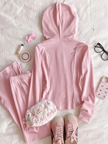 2件套青少年女孩休闲紧身连帽衫夹克和喇叭裤运动服套装 - 彩色 - 查看 2