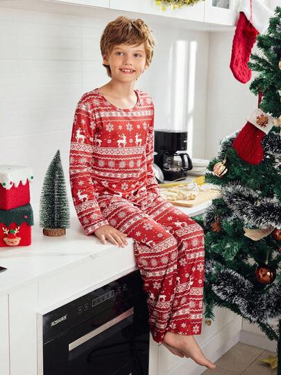 家庭聚会欢乐亲子圣诞节长袖长裤礼物男童睡衣，别致的秋季
