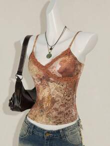 SHEIN ICON 女式休闲蕾丝边印花修身吊带背心 - 棕色 - 查看 4