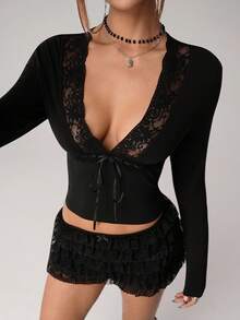 SHEIN ICON Damen Set mit kontrastierender Spitze, tiefem V-Ausschnitt und Bindeband vorne, langärmligem bauchfreiem Top und Skort, sexy, zweiteiliges Set - Schwarz - Übersicht 5