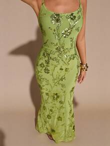 SHEIN BAE 春夏纯绿色 3D 花卉刺绣亮片透视露背系带长裙，度假连衣裙，情人节约会连衣裙，伴娘迷你连衣裙，生日亮片礼服，露背长裙，适合派对、夜总会、正式场合亮片礼服 - 綠色 - 查看 4
