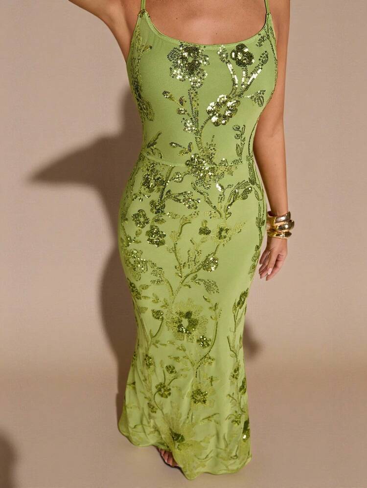 SHEIN BAE Vestido maxi con tirantes de lazo, espalda descubierta, bordado floral 3D y lentejuelas en color verde sólido para primavera/verano, vestido de vacaciones, vestido para cita de San Valentín, vestido de dama de honor, vestido de gala de cumpleaños con lentejuelas, vestido maxi con espalda descubierta, adecuado para fiesta, discoteca y ocasión formal - Verde - Añade 4
