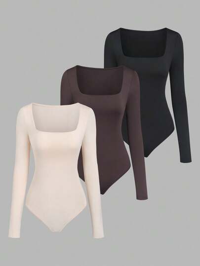 Sweetra 3pcs/Set Women's Long Sleeve Bodysuit In Apricot, Coffee Brown, Black, Slim Fit Minimalist Commuter Versatile