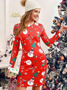 SHEIN Vestido de Navidad para mujer, elegante y cómodo, con estampado digital navideño divertido, a juego con atuendos familiares - Multicolor - Ver 3