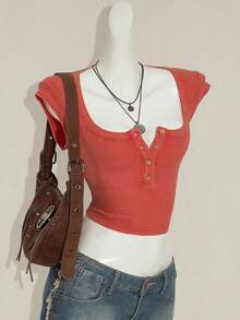 SHEIN ICON Y2k Women's Goth Sexy Casual Solid Color Cropped Tank Top, Summer - Redwood - View 1