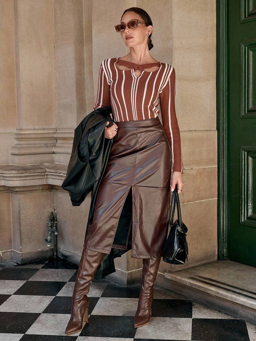 Lavishia Suéter de mujer de manga larga a rayas con diseño calado y ajustado, de moda para el otoño - Negro - Ver 1