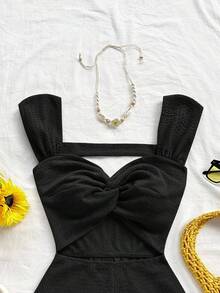 Soleia WYWH 女士度假针织条纹扭结前襟心形领露背连体裤，适合派对、约会、情人节、复活节、狂欢节、下午茶、海滩、邮轮、城市度假、秋冬季叠穿 - 黑色 - 查看 4