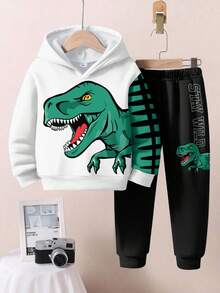 SHEIN 2 Stücke/Set Jungen lässige, lockere Cartoon-Tier, Dinosaurier, Landschaft, 3D, Graffiti Oversized Grafik Hoodie Sweatshirt Set, bequem für Herbst/Winter