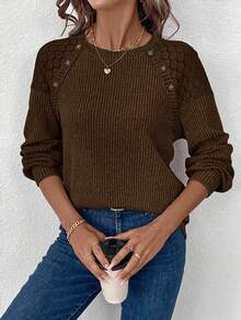 SHEIN LUNE Women's Crew Neck Lace Patchwork Decor Button Waffle Texture Casual Long Sleeve T-Shirt - Coffee Brown - View 4