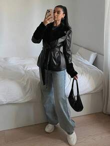 SHEIN EZwear Áo khoác PU chắp vá tay dài màu trơn có dây rút cho mùa thu/đông - màu đen - Xem 3