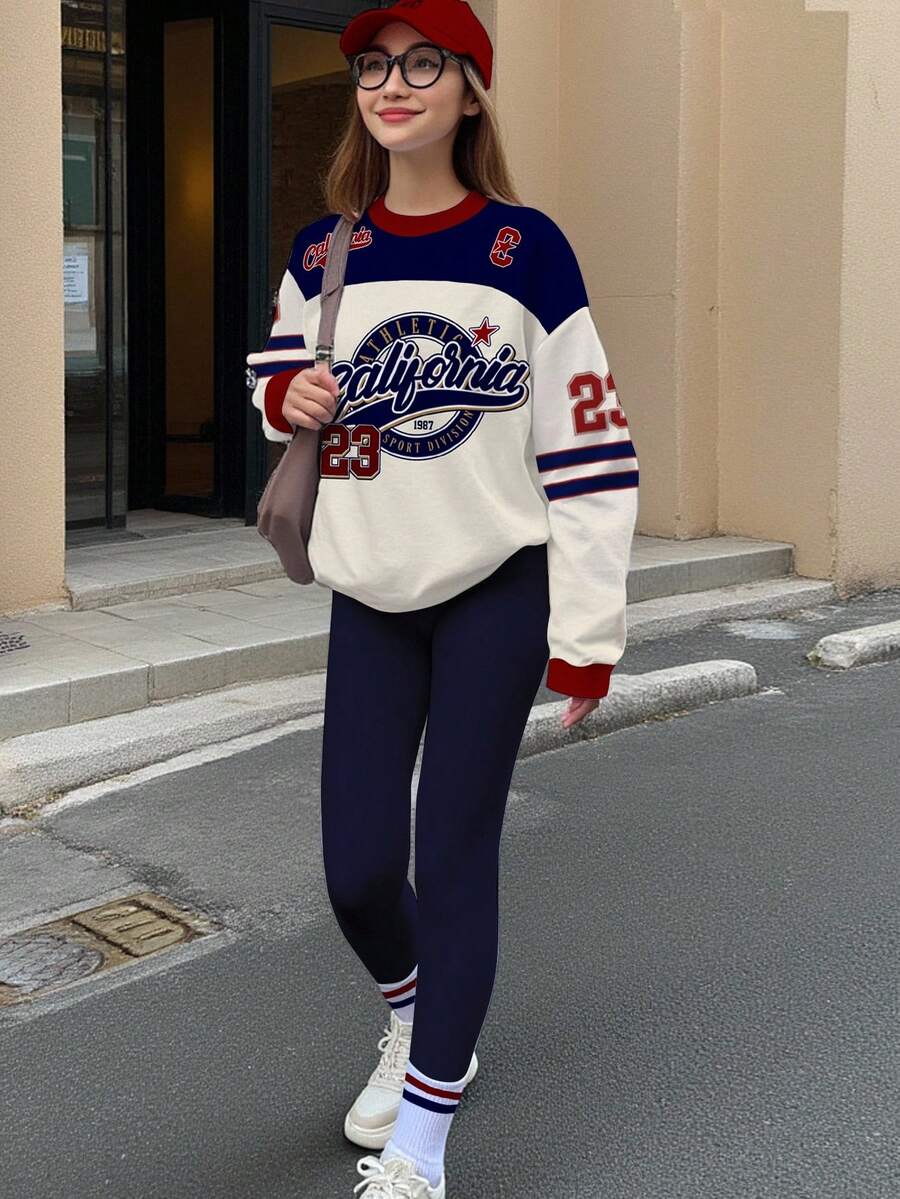 SHEIN 2pcs/Set Teen Girls Casual Retro American Style Letter & Number Badge Graphic Crew Neck Long Sleeve Sweatshirt And Leggings, Sporty College Style, Suitable For Autumn/Winter Fall - Multicolor - View 1