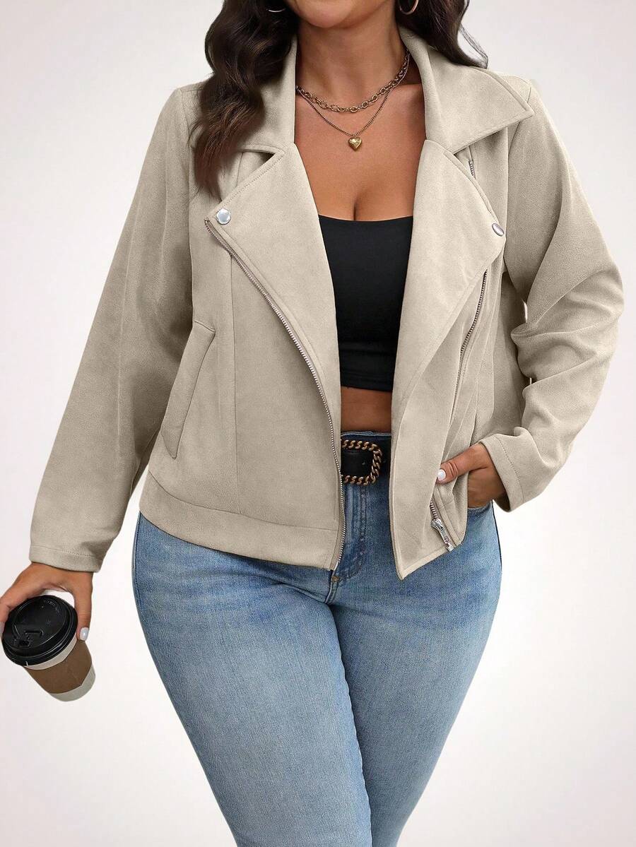 Juhart Plus Size Solid Color Pocket Zipper Casual Long Sleeve Jacket Fall Winter Cloth For Women Autumn - Khaki - View 1