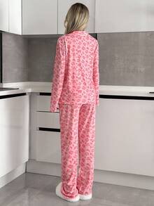 EURMUSE Women 2 Pcs Button Front With Animal Pattern Pocket Detail Long Sleeve Shirt&Pants Homewear Pajama Set Womens Pajama Set Pajama Pink Pink Pajamas Pink Animal Print Pajamas Animal Print Pajama Set - Pink - View 2