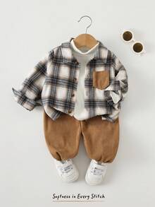 Cozy Pixies 2 件套男婴彩色格子领撞色口袋长袖开衫和纯色松紧腰九分裤套装