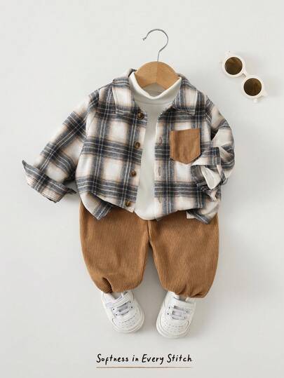Cozy Pixies 2 件套男婴彩色格子领撞色口袋长袖开衫和纯色松紧腰九分裤套装