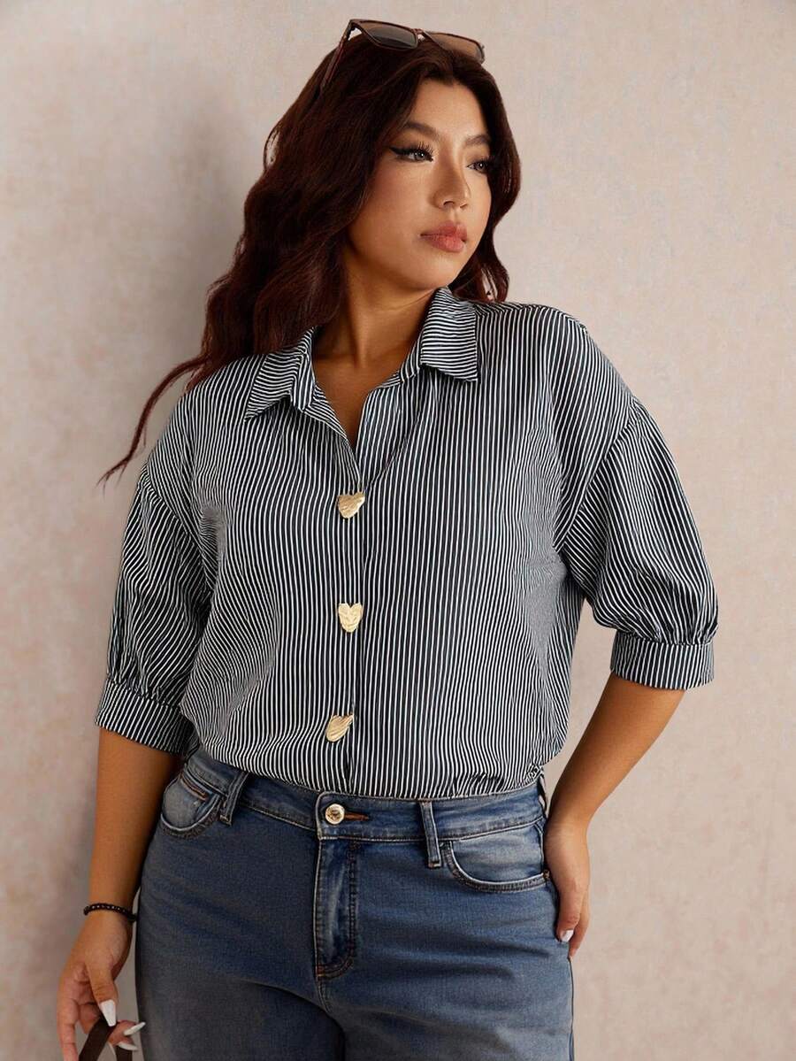 Elaquor 秋季新款大码休闲简约百搭百搭金属扣条纹宽松女衬衫 - 黑色 - 查看 1