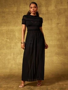 Vixey Sheer Solid Mesh Frill Detail Short Sleeve Maxi Dress, Going Out - Black - View 3
