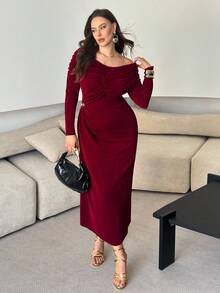 Modelyn Plus Size Women Elegant Off Shoulder Ruched Waist Long Sleeve Dress With Metallic Decor - Burgundy - View 6