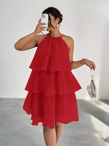 Firerie Váy bánh nhiều lớp thanh lịch cỡ lớn, nhẹ và thon gọn, thích hợp cho các buổi hẹn hò, tụ họp, tiệc tùng, không tay dành cho nữ, mùa xuân/hè - Đỏ - Xem 4