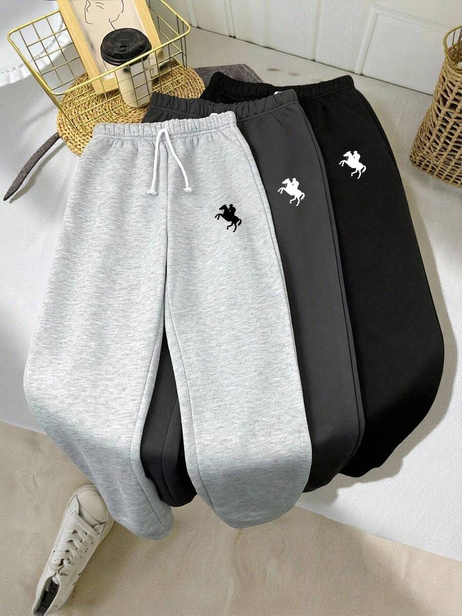SHEIN 3 件套青少年女孩休闲运动慢跑裤，字母印花，黑色、白色、深灰色，街头风格运动裤 - 彩色 - 查看 1